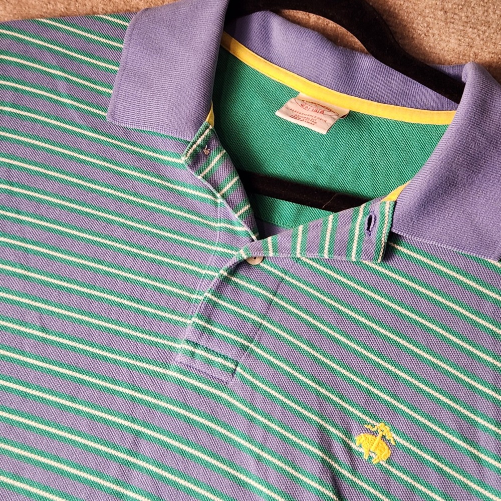 Brooks Brothers Performance Polo Mens L Purple Green Striped Cotton Short Sleeve
